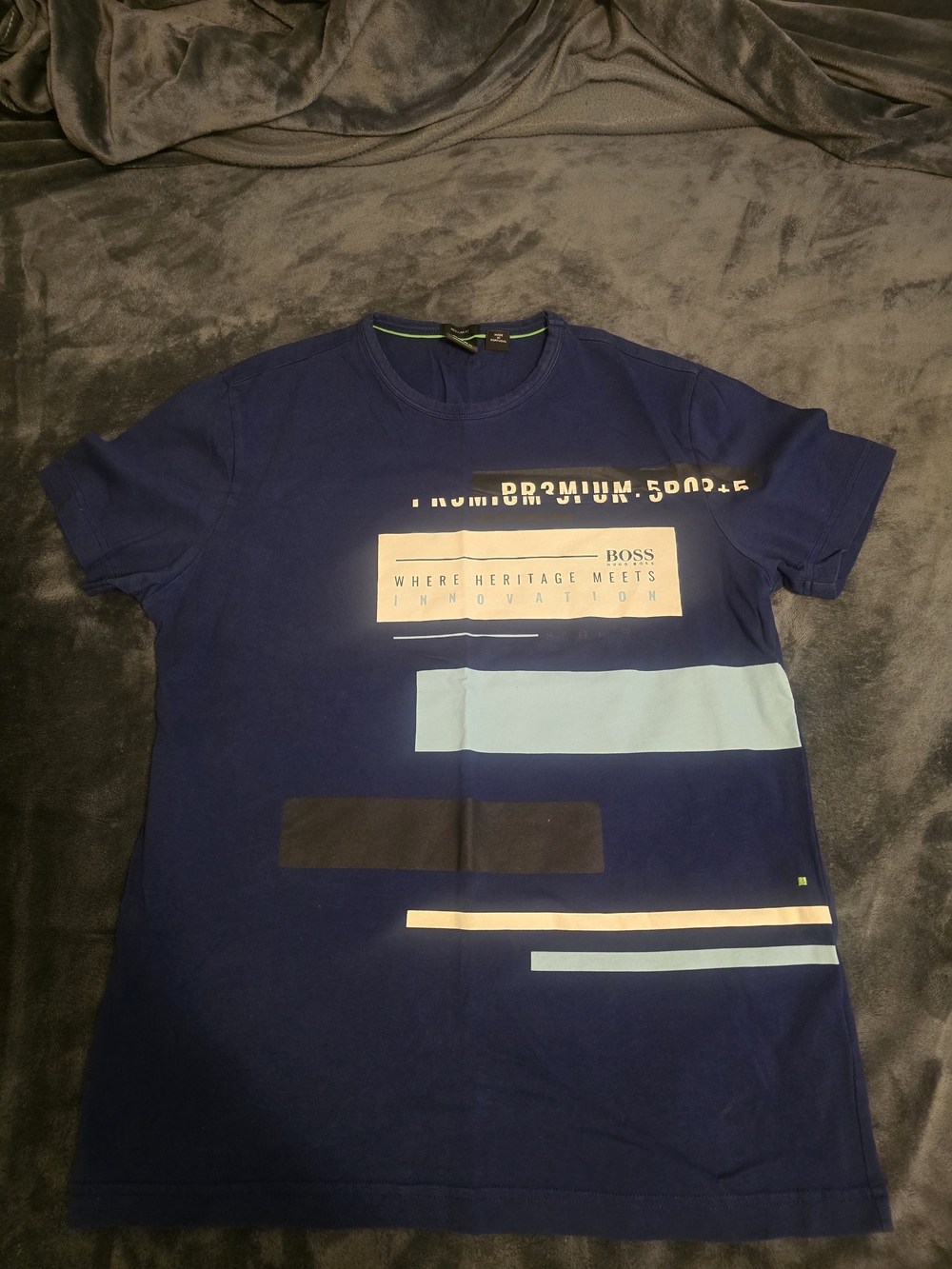 BOSS Navy Short Sleeve Graphic Tee with Cream and Light Blue Panels